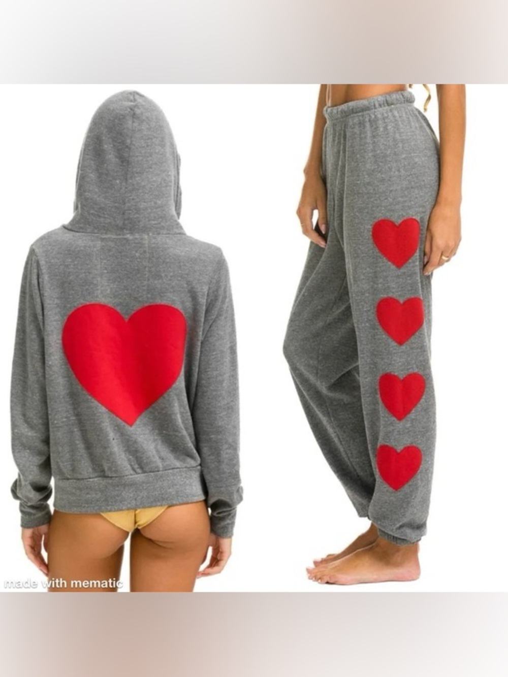 Aviator Nation Heart Patch SET Full Zip Hoodie and Sweats‎ Gray Red size XS/S